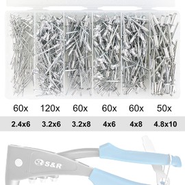 S&R Aluminium Blind Rivets Set, 410-Piece Assortment, Corrosion-Protected, 6 Sizes in Box, 2.4 x 6 mm, 3.2 x 6 mm, 3.2 x 8 mm, 4 x 6 mm, 4 x 8 mm, 4.8 x 10 mm, Flat Round Head, Pop Rivets,