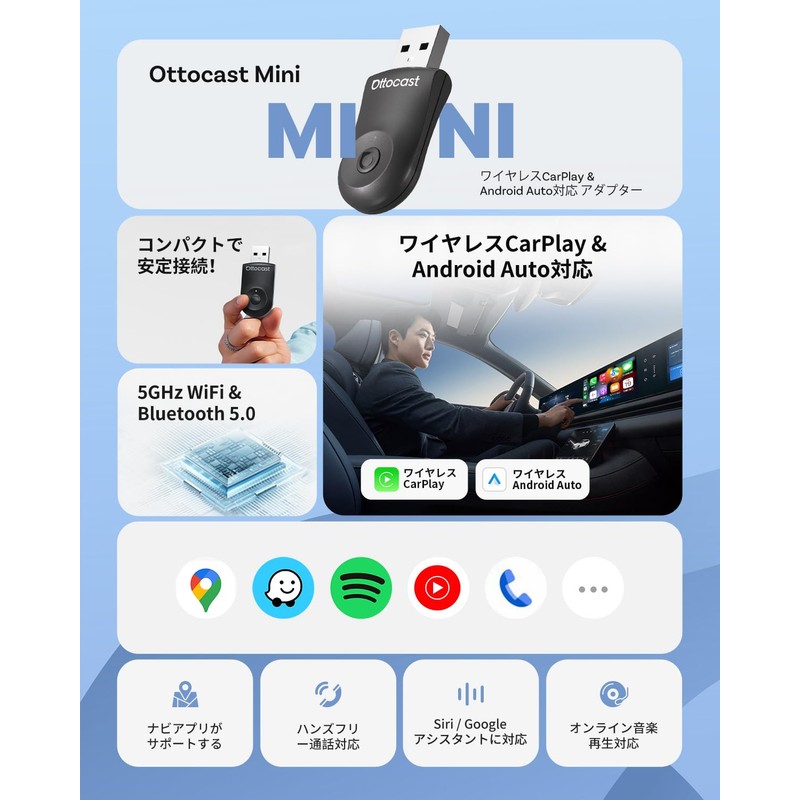 Ottocast Mini 2025 Latest Wireless CarPlay/Android Auto Adapter, Mini Genuine