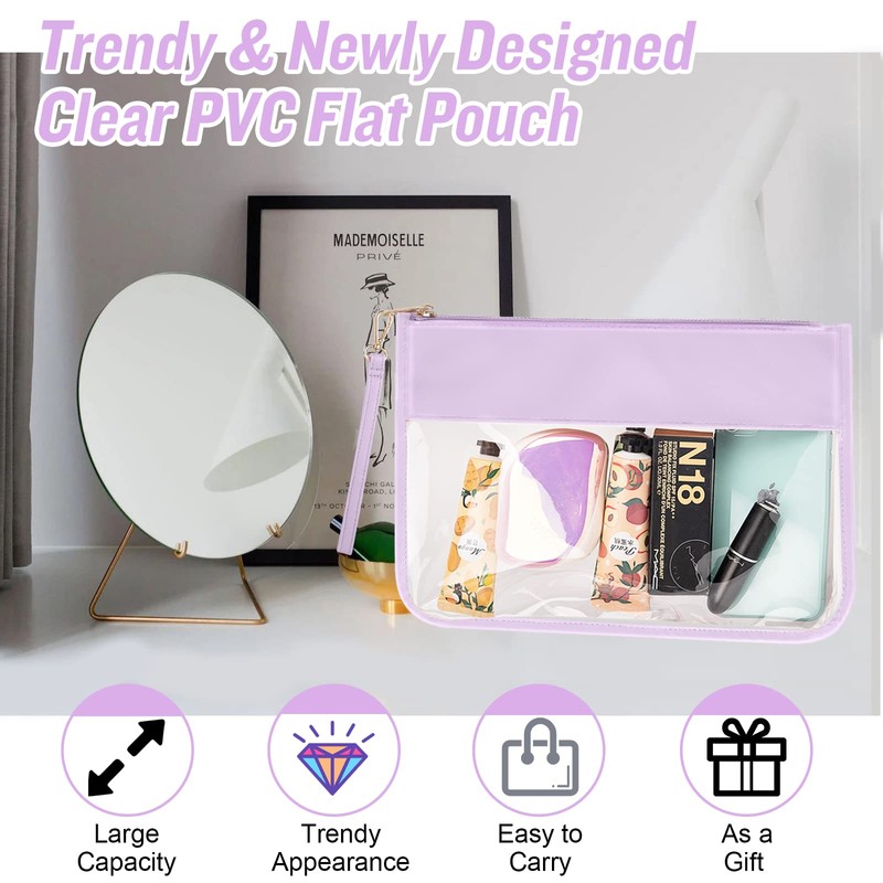 izuzta Clear PVC Flat Pouch PU Makeup Bag Clear Zipper