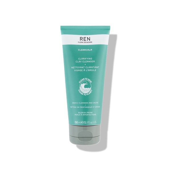REN Clean Skincare Clearcalm Clarifying Clay Cleanser, Cleanse, Calm and Comfort Breakout-Prone Skin, With Kaolin Clay & Willow Bark, 150 ml