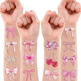 100 PCS Pink Bow Temporary Tattoos 1st 2nd Themed Birthday Party Decorations Decor Supplies Favors Funny Girl Coquette Knot Tattoo Stickers Gifts For Game Boys Girls Classroom School Prizes Christmas