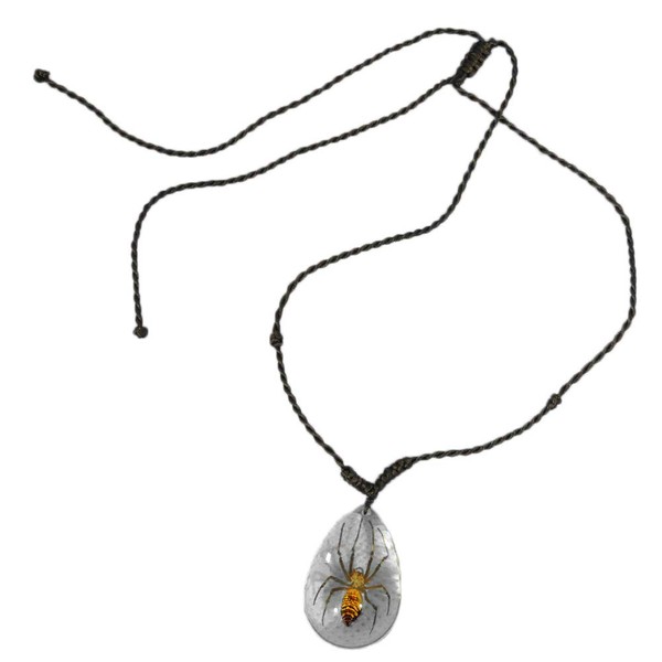 HIPFATE Clear Teardrop Lucite Nylon Cord Necklace w/Genuine Brown Recluse
