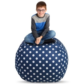 Creative QT Stuff ’n Sit XL 38’’ Bean Bag Storage for Stuffed Toys, Navy Polka Dot