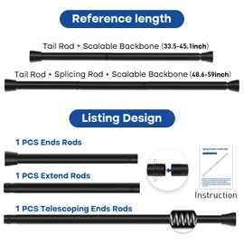Shower Curtain Rod Adjustable Curtain Rods 33-59 Inch Black Shower Rod Curtain Rods no Drilling Expandable Tension Curtain Rod Spring Curtain Rod for Bathroom Closet Doorway Door