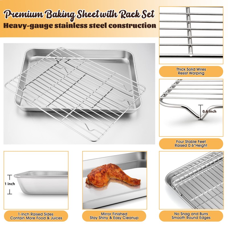 Stainless Steel Baking Sheet with Rack Set, E-far 12.4”x9.7” Cookie