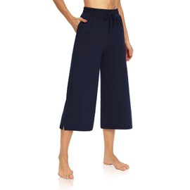 DIBAOLONG Pantalones capri para mujer, holgados, pantalones de yoga de pierna ancha, con cordón, cómodos, para descansar, pijama, capris con bolsillos, marino, XXX-Large