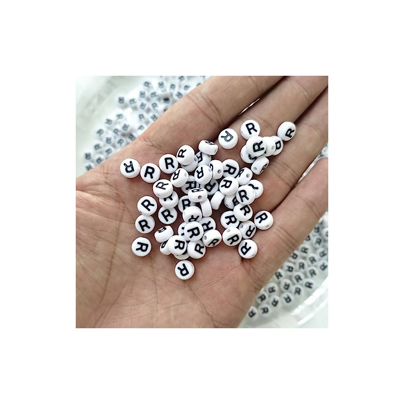 Amaney Letter Beads R 100pcs 7×4mm White Round Acrylic Black
