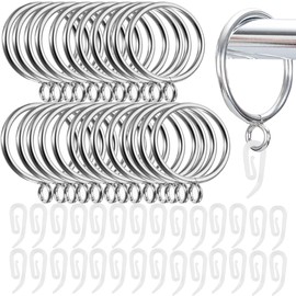 LOSYHU 50 Pack Curtain Hooks and Rings, 32mm Metal Drapery Curtain Rings Hanging Rings with Plastic Hooks, Drape Sliding Eyelet Rings for Curtain Poles and Rods, Silver