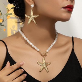 LKingel Gold Starfish Shell Necklaces Earring Set for Women Trendy Boho Starfish Shell Pendant Necklace Pearl Choker Necklace Summer Ocean Beach Jewelry for Women Style6