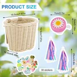 Children's Bicycle Basket, Braided Bicycle Basket, Front Children, Bicycle Basket for Children and Girls, Front, Removable Bicycle Basket, with Bells, Streamers, Bicycle Bell, Sticker (Beige)