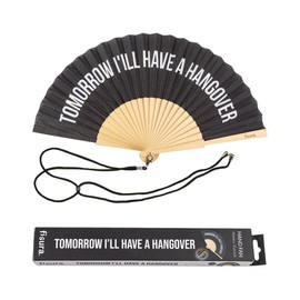 FISURA Original hand fan with the message I will have a hangover. Modern and fun wooden fan. Black fan. Fan with fan holder. Dimensions: 42.5 x 23 cm.