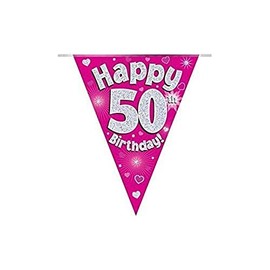 Party Bunting Happy 50th Birthday Pink Holographic 11 flags 3.9m