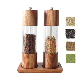 Acrylic Salt and Pepper Grinder Set, Manual Salt and Pepper Mills,Wooden Pepper Grinder with Adjustable Ceramic Core,8 Inches,Pack of 2 With Wooden Tray