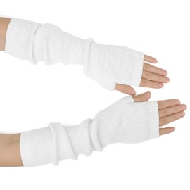 Zeltauto Women’s CASHMERE Blend Knit Arm Warmers Elbow Length Long Fingerless Gloves Mittens with Thumb Hole (White)