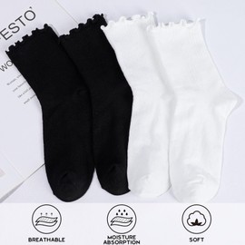 3 Pairs Ruffle Socks Women Casual Cute Ankle Socks Breathable Knit Cotton Soft Frilly Crew Socks for Women (CA/US, Alpha, One Size, Regular, Regular, 3 Pairs - White)