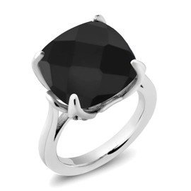 Gem Stone King 925 Sterling Silver Black Onyx and Pink Lab Grown Diamond Engagement Ring For Women (8.25 Cttw, 14MM Cushion Checkerboard, Size 9)