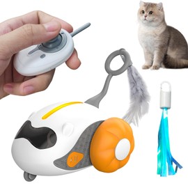 Oiuyamn Interactive Cat Remote Control Toys, Smart Cat Toys with Feathers, Electric Cat Toys with LED Lights, Rechargeable Auto Mobile Cat Toys, Remote Control & Auto Mode