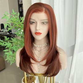 VASTCURY Copper Orange Red Wig Mixed Brown Highlight Long Layered Shoulder Length 13x4 Synthetic Fiber Lace Front Wig 18Inch Pre Plucked Hairline for Women