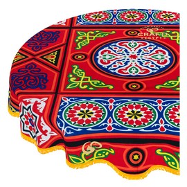 CraftiEgypt Ramadan Tablecloth Decorations – Handmade Tablecloth, Printed Egyptian Khayamiya Design, Colorful Red, Cotton Blend – 55" (140 cm) Round