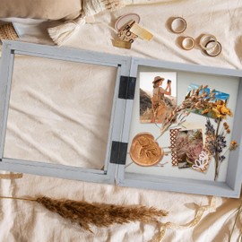 Muzilife 8x8 Shadow Box Picture Frame - 2.16" Interior Solid Wood & Glass Rectangle Display Case Ready to Hang Memory Box Baby Sports Memorabilia, Pins, Awards, Tickets, and Photos, Gray