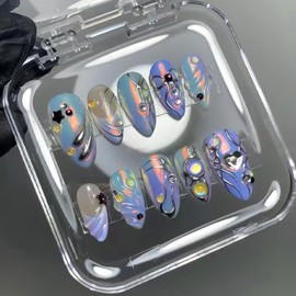 24Pcs Purple French Tip Press on Nails Medium Almond Fake Nails with Black 3D Star Colorful Ripple Design Handmade False Nails Full Cover Artificial Glue on Nails Cute Stick on Nails for Women DIY