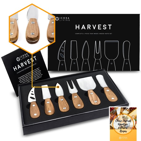 Harvest 6-Piece Cheese Knife Set (Gift-Ready) - Premium Stainless Steel Cheese Knives with Rivets, Full Tang Blades and Teak Wood Handle Charcuterie Board Accessories w/ 15 Festive Recipes