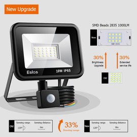 Eslas LED Floodlight Security Light with Motion Sensor,Outdoor Spotlight 10W 1000 LM PIR Light,IP65 Waterproof for Garage,Garden,Car Park, Construction Site, 6500K Cold White