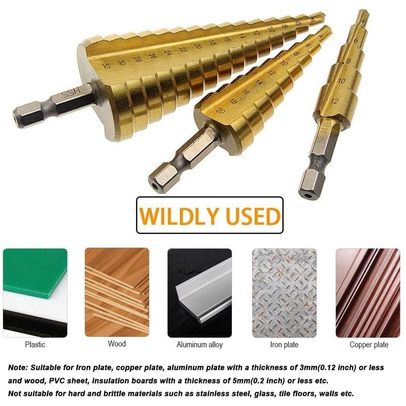 Chargenyang 3 Pcs Straight Grooved Step Drill Bit Set, High