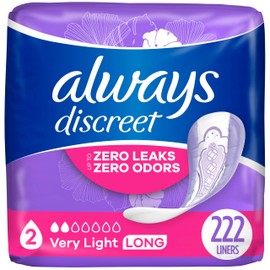 Always Discreet Always Discreet Adult Incontinence & Postpartum Liners for Women, Size 2, Very Light Absorbency, Long Length, 111 Count x 2 Packs (222 Total Count) (Packaging May Vary)