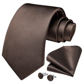 HISDERN Men's Wedding Ties and Pocket Square Solid Tie Cufflinks Set, brown