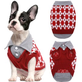 Kuoser Plaid Dog Sweater Warm Clothes, Patchwork Design Pet Dog Knitwear Classic Pullover Puppy Coat Cold Weather Sweatshirts with Leash Hole for Small Medium Cats Dogs (L, Red)