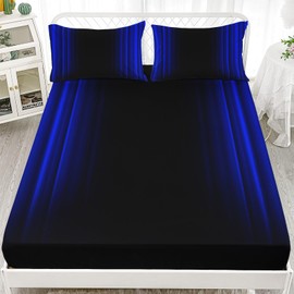 Axolotl Blue and Black Sheet Set Queen Size,Abstract Ombre Bedding for Men Women Room Decor,Metallic Flat Fitted Sheet for Adults Simple Gradient Modern Geometric Art Bed Set with 2 Pillowcases