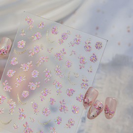 Flower Nail Stickers 5D Embossed Nail Art Stickers Spring Nail Decals DIY Self Adhesive Glitter Purple Laser Flower Design Bling Sticker Nail Decoration for Women Manicure Accessories