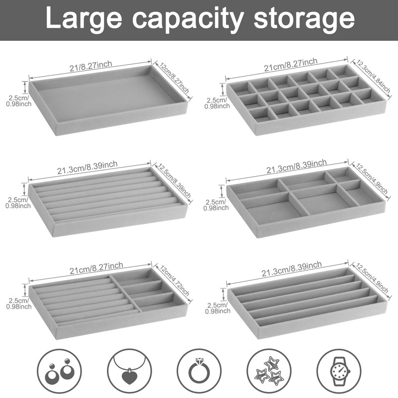 12Pcs Velvet Stackable Jewelry Trays, Jewelry Drawer Organizer, Large Removable