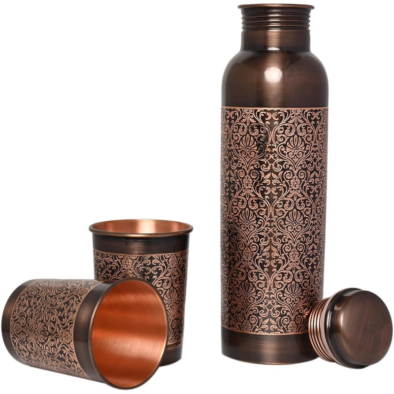 Copper Water Bottle with 2 Tumblers Set, Floral Pattern for