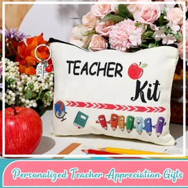 MTLEE Teacher Appreciation Gift for Women Teacher Kit Gift with Teacher Makeup Pouch Cosmetic Bag Thank You Teacher Keychain with Initial for Teacher Week and Graduation Gifts(I Shape)