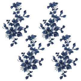 HOBBIESAY 4Pcs Embroidery Sequin Lace Appliques Blue Leaf Flowers Patches Polyester Decorative Floral Appliques Dress Gown Sewing Decorations for Fabric DIY Crafting 29.5x16x0.1cm