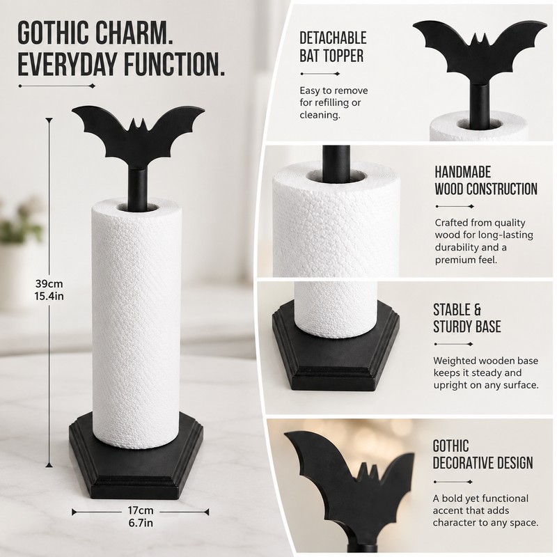 Gothic Bat Paper Towel Holder for Kitchen – Wooden Halloween