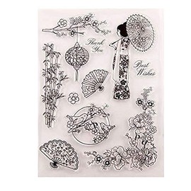 Chinese Japanese Style Flowers Women Bamboo Fan Floral Corner Clear Stamps for Card Making Decoration or DIY Scrapbooking Tools-A5127