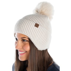Funky Junque Knitted Winter Hat for Women with Earflaps and Faux Fur Pom Pom, Warm Ribbed Beanie Ski Cap for Cold Weather, Beige