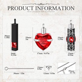 3 Piezas Collar de Urna de Cremación para Cenizas Circón Barra Vertical, Collar de Urna de Cremación de Cristal de Corazón Collar de Urna de Acero Inoxidable Impermeable (Circón Rojo)