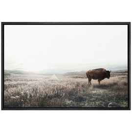 SIGNLEADER Framed Canvas Print Wall Art Bison Buffalo Misty Washed Out Landscape Animals Wildlife Digital Art Realism Decorative Rustic Relax/Calm for Living Room, Bedroom, Office - 24"x36" Black