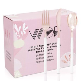 WDF 90Pieces Rose Gold Plastic Silverware - Rose Gold Plastic Cutlery with White Handle- Heavy Duty Disposable Silverware Include 30Forks, 30 Spoons, 30 Knives for Valentines Day, Wedding, Party