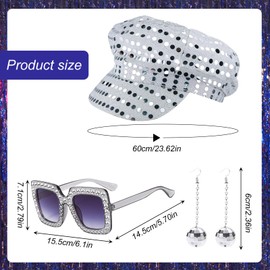 EUPSIIU 3 Pieces 70s Silver Disco Hat for Adults, Disco Costume with Glitter Abba Sequin Hat Silver Earrings Square Bling Sunglasses Retro Disco Fancy Dress Up for Women Girls Theme Party (Silver)