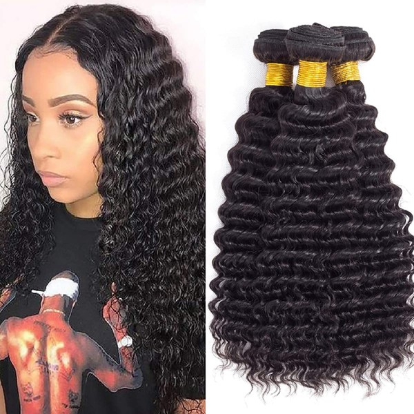 12A Brazilian Deep Wave Human Hair 3 Bundles Pineapple 100% Unprocessed Virgin Remy Hair Bundles by ELEE’S HAIR Deep Curly Human Hair Weft for Black Women Natural Color 24 26 28 Inch