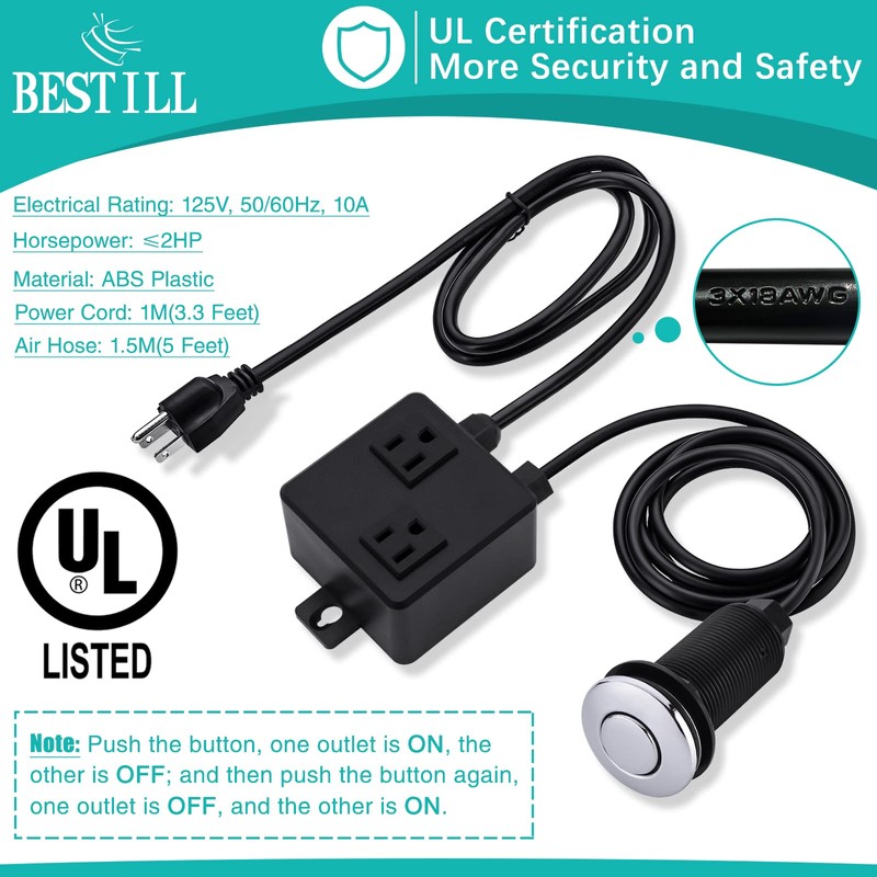 BESTILL Garbage Disposal Air Switch Kit with Dual Outlet, 3.6"