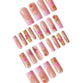 Long Square Press on Nails White French Tip Fake Nails Pink Gradient Glue on Nails with Golden Glitter Swirl 3D Flower Design Acrylic Nails 24Pcs Glossy Stick on False Nails for Women
