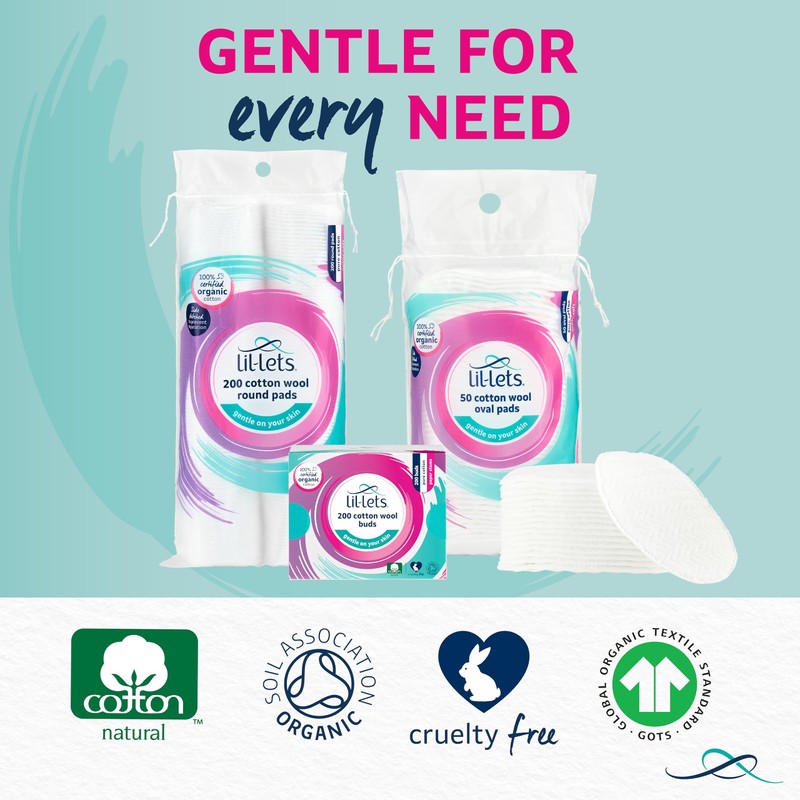 Lil-Lets Cotton Wool Oval Pads, 50 Count, Certified Organic, 100%