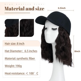 8 Inch Baseball Cap With Hair Extensions BOB Synthetic Hair With Attached Black Hat With One Piece Hair Extensions For Women - Dark Brown