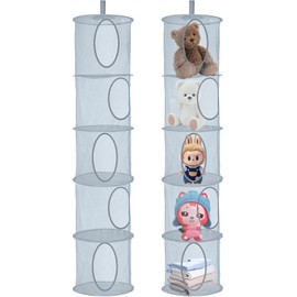 2Pcs Teddy Storage Hanging Mesh Basket, 5 Tier Foldable Storage Net Organizer for Kid Room Toys, Gloves, Hats, Soft Toys Grey